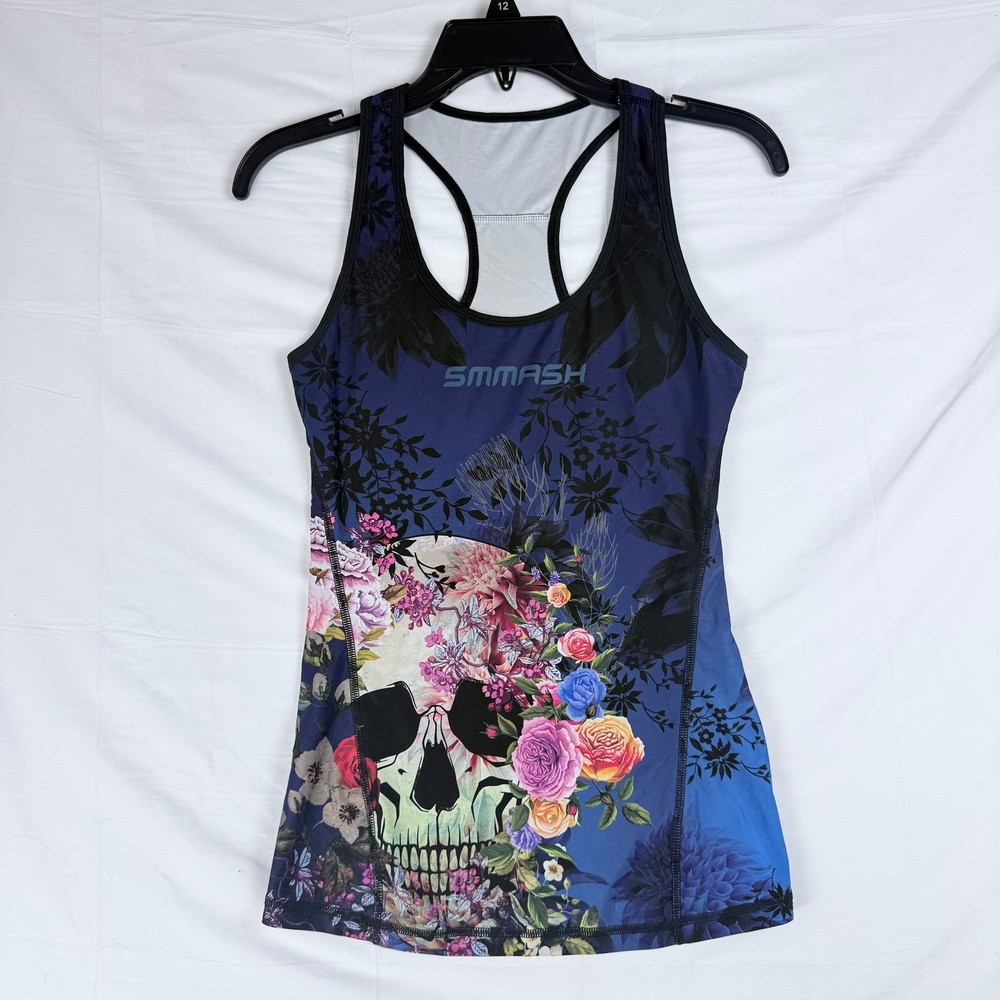 SMMASH Tank Top Womens Small Skull Floral Racerback Gym Activewear Edgy Goth